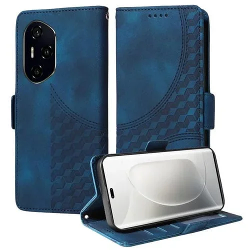 Funda de Cuero con Rombos y Estrellas en Relieve para Honor 300 Pro (Azul)