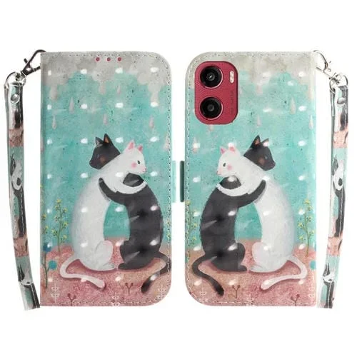 Funda de Cuero con Tapa 3D para Motorola Moto G05/E15 (Gato Blanco y Negro)