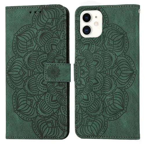 Funda de Cuero con Tapa en Relieve para iPhone 12 Mini Mandala (Verde)