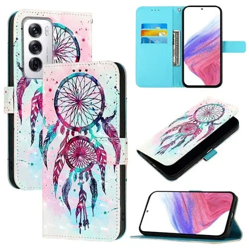 Funda de Cuero con Tapa Horizontal con Pintura 3D para Oppo Reno12 Global (Campanas de Viento con Gotas de Colores)