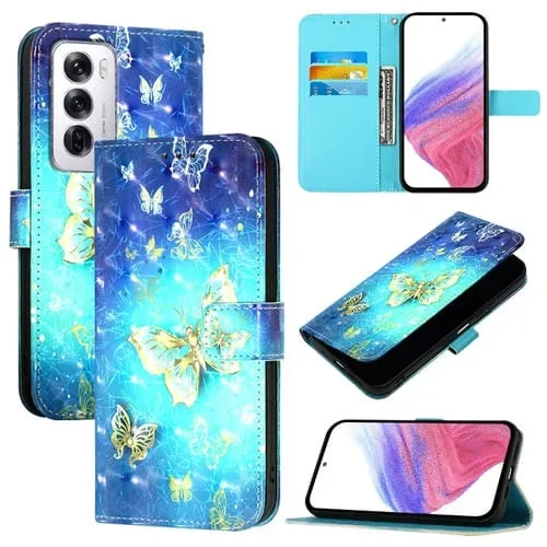 Funda de Cuero con Tapa Horizontal con Pintura 3D para Oppo Reno12 Global (Mariposa Dorada)