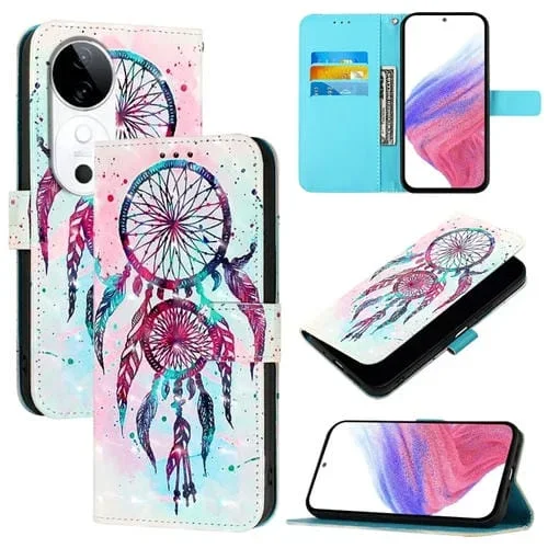 Funda de Cuero con Tapa Horizontal con Pintura 3D para Vivo S19 (Campanas de Viento con Gotas de Colores)