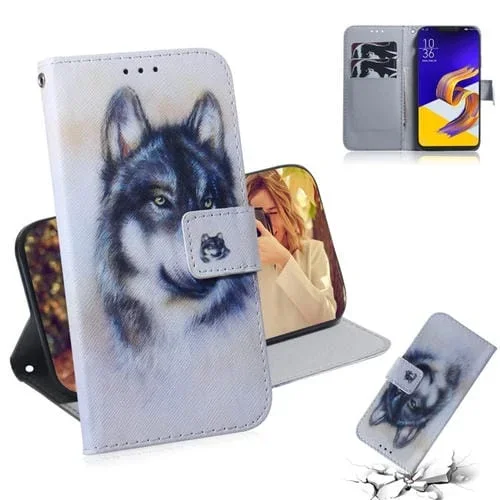 Funda de Cuero con Tapa Horizontal para Asus Zenfone 5Z ZS620KL y Zenfone 5 ZE620KL con Dibujo de Lobo Blanco, Soporte, Ranuras y Billetera