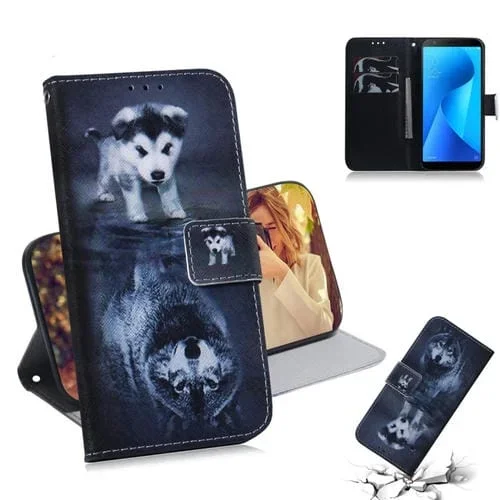 Funda de Cuero con Tapa Horizontal para Asus Zenfone Max Plus (M1) ZB570TL con Soporte y Ranuras (Lobo y Perro)