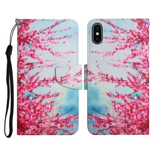 Funda de Cuero con Tapa Horizontal para iPhone Xs Max con Soporte, Ranura para Tarjeta y Billetera (Flores de Cerezo Rojas)