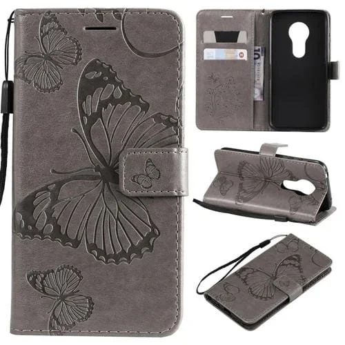 Funda de Cuero con Tapa Horizontal para Motorola Moto G7 Play con Ranura, Soporte y Cordón (Gris)