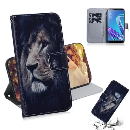 Funda de Cuero con Tapa Horizontal y Dibujo de León para Asus Zenfone Max (M1) Zb555Kl con Soporte y Ranuras para Tarjetas