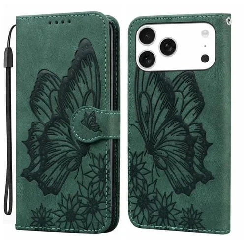 Funda de cuero con tapa horizontal y diseño de mariposas en relieve retro para iPhone 17 Pro Max (verde)