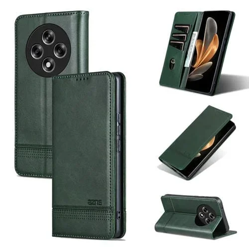 Funda de Cuero con Tapa Magnética con Textura de Piel de Becerro para Oppo Reno12 F 4G Azns (Verde Oscuro)