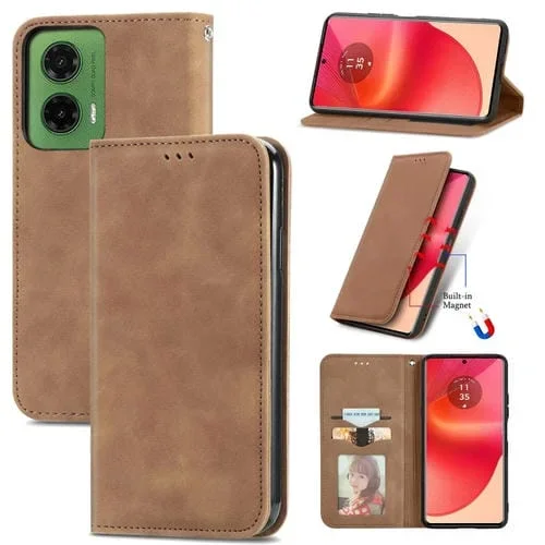Funda de Cuero con Tapa Magnética para Motorola Moto G35 (Marrón)