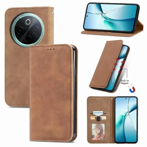 Funda de Cuero con Tapa Magnética y Tacto Retro para Vivo Y300 Pro (Marrón)