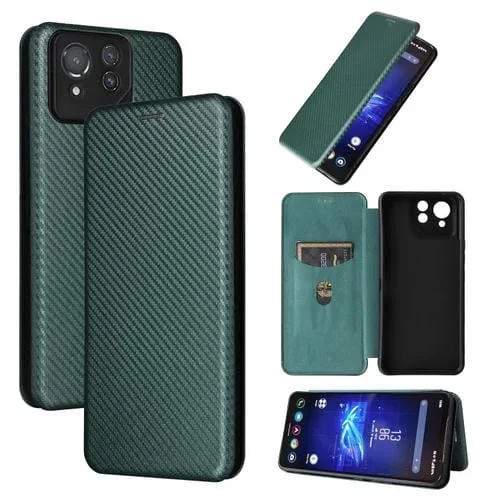 Funda de Cuero con Tapa para Asus Rog Phone 8 Pro con Textura de Fibra de Carbono (Verde)