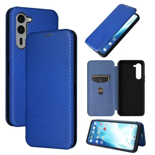 Funda de Cuero con Tapa para Fujitsu Arrows F-51E We2 Plus con Textura de Fibra de Carbono (Azul)