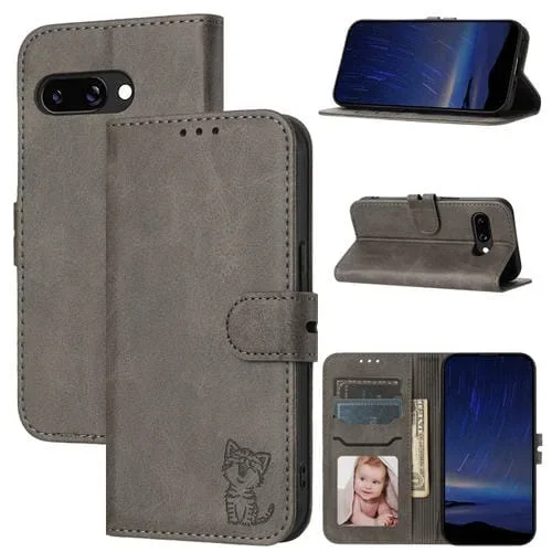Funda de Cuero con Tapa para Google Pixel 9A Diseño Gato Feliz En Relieve (Gris)