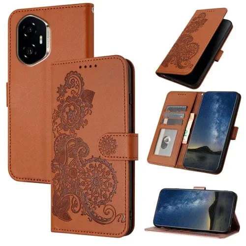 Funda de Cuero con Tapa para Honor 300 con Relieve de Flor de Datura (Marrón)
