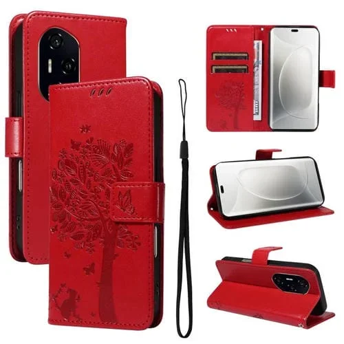 Funda de Cuero con Tapa para Honor 300 Pro/300 U1Tra con Diseño Árbol y Gato (Rojo)