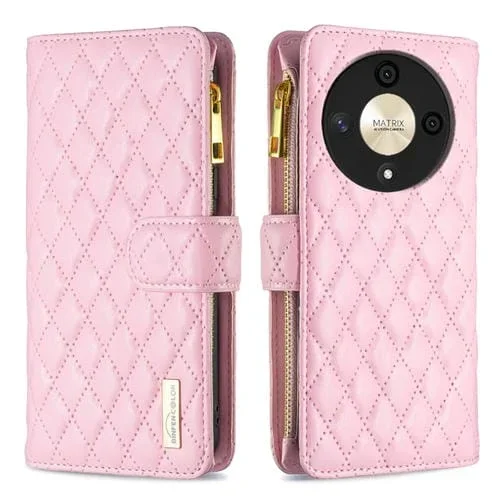 Funda de Cuero con Tapa para Honor X9B Magic6 Lite 5G Diamond Lattice Zipper (Rosa)