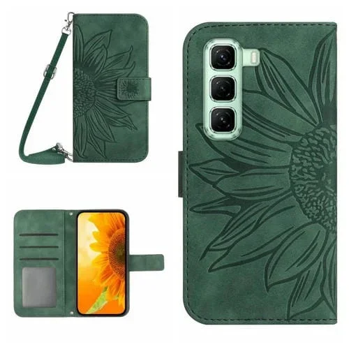 Funda de Cuero con Tapa para Infinix Hot 50 5G Diseño Girasol en Relieve y Cordón (Verde)
