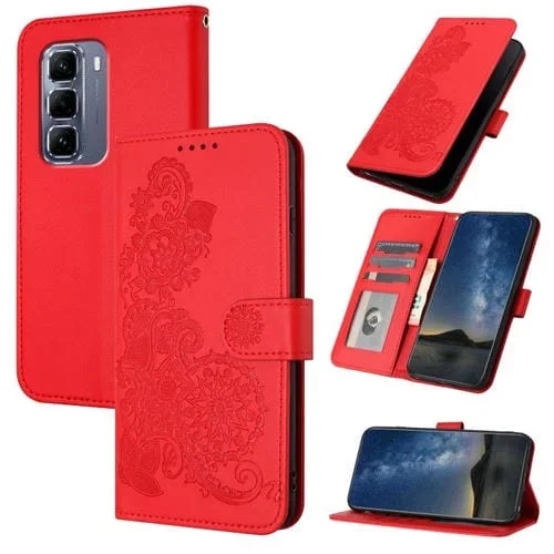 Funda de Cuero con Tapa para Infinix Hot 50 Pro 4G con Relieve Flor de Datura (Rojo)