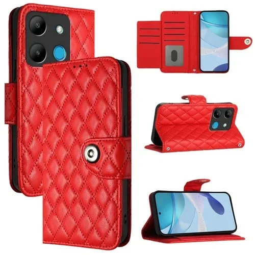 Funda de Cuero con Tapa para Infinix Smart 7 HD con Textura Rombal y Cordón (Rojo)