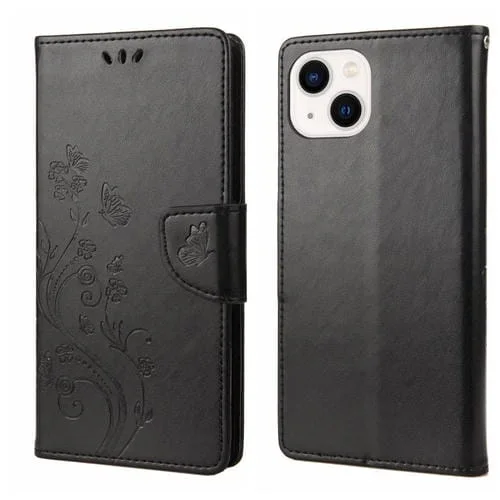 Funda de Cuero con Tapa para iPhone 14 Estampado de Flores de Mariposa (Negro)