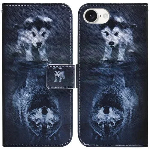 Funda de Cuero con Tapa para iPhone 16E (Lobo y Perro)