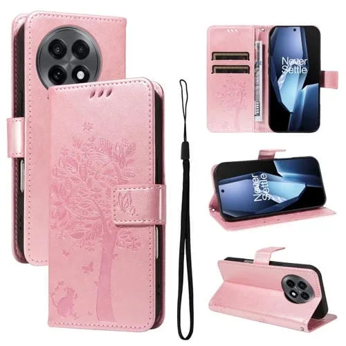 Funda de Cuero con Tapa para OnePlus 13R Global con Diseño Árbol y Gato en Relieve (Oro Rosa)