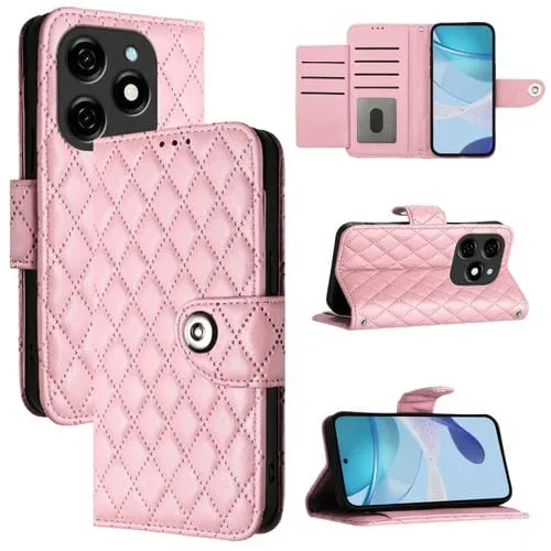 Funda de Cuero con Tapa para Tecno Spark 20 con Textura Rombal y Cordón (Rosa)