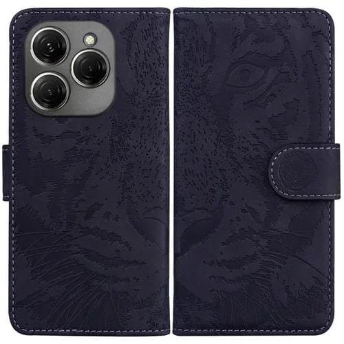 Funda de Cuero con Tapa para Tecno Spark 20 Pro Tiger Patrón en Relieve (Negro)
