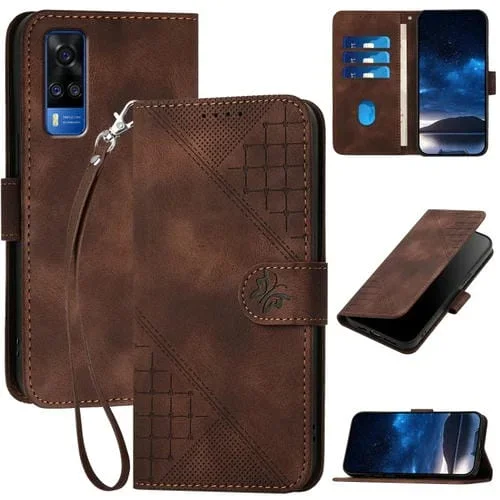 Funda de Cuero con Tapa para Teléfono con Diseño de Mariposa En Relieve y Cuadrícula Yx0080 para Vivo Y31 4G India con Cordón (Café)