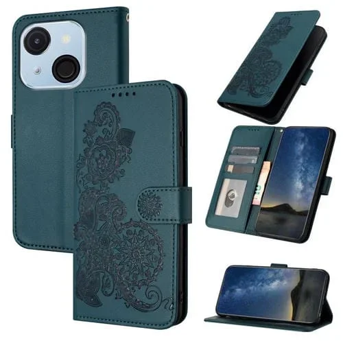 Funda de Cuero con Tapa para Teléfono Itel A50C con Relieve Flor de Datura (Verde Oscuro)
