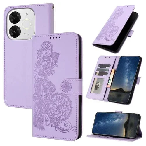 Funda de Cuero con Tapa para Teléfono Itel A80 Diseño Flor de Datura en Relieve (Morado)
