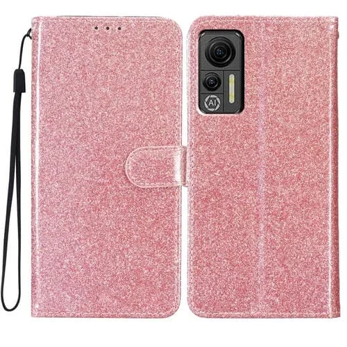 Funda de Cuero con Tapa para Ulefone Note 14 con Purpurina en Polvo (Oro Rosa)