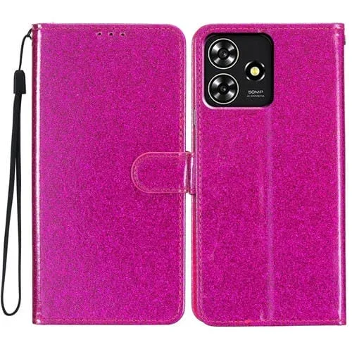 Funda de Cuero con Tapa para ZTE Blade A73 4G con Purpurina en Polvo (Rojo Rosa)