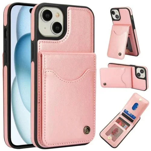 Funda de Cuero con Tapa Vertical Awquer para iPhone 15 con Tarjetero (Oro Rosa)