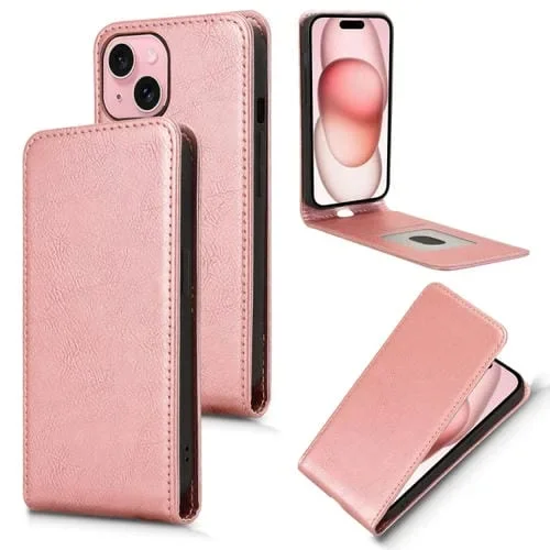Funda de Cuero con Tapa Vertical Magnética para iPhone 15 Plus (Oro Rosa)