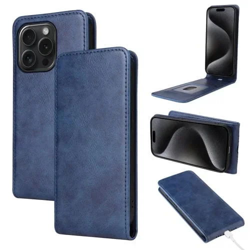 Funda de Cuero con Tapa Vertical Magnética para iPhone 15 Pro (Azul)