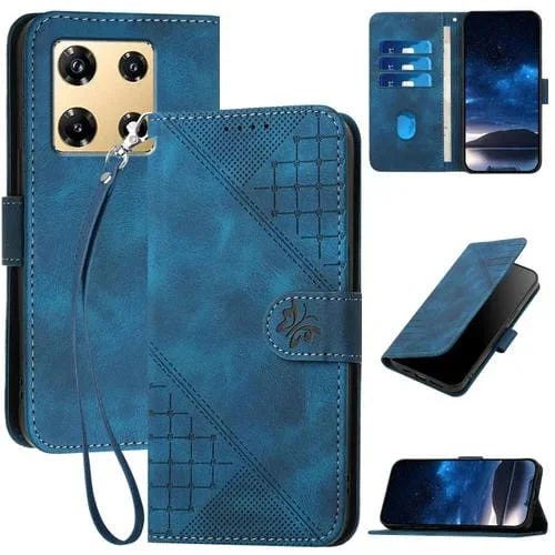 Funda de Cuero con Tapa y Cordón para Infinix Note 30 Pro Yx0080 con Diseño Mariposa (Azul Oscuro)