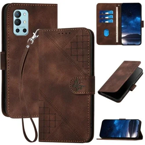 Funda de Cuero con Tapa y Cordón para OnePlus 9R Yx0080 con Patrón Grid Butterfly (Café)