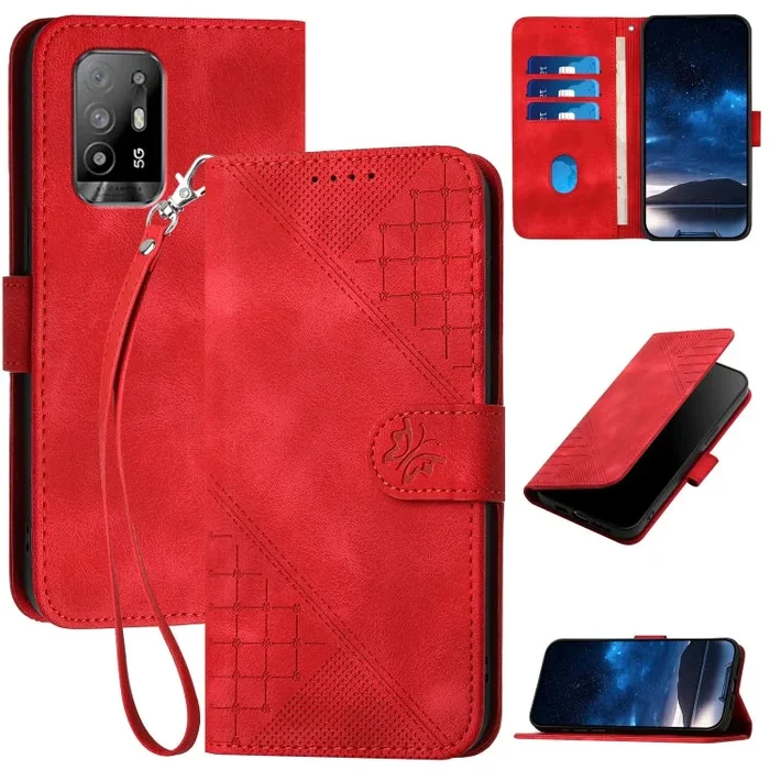 Funda de Cuero con Tapa y Cordón para Oppo Reno6 Z 5G / Reno5 F Yx0080 con Diseño En Relieve de Mariposa y Cuadrícula (Rojo)