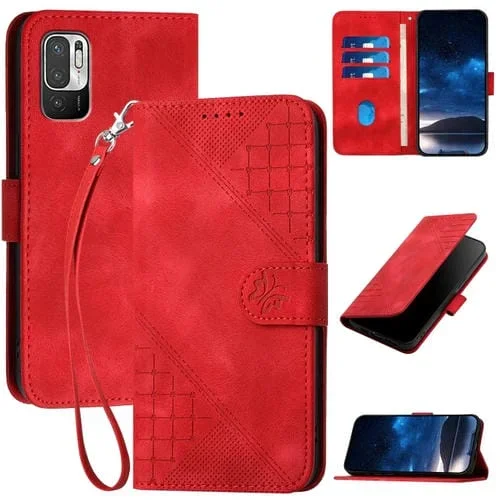 Funda de Cuero con Tapa y Cordón para Redmi 10 Yx0080 con Diseño En Relieve de Mariposa y Cuadrícula (Rojo)