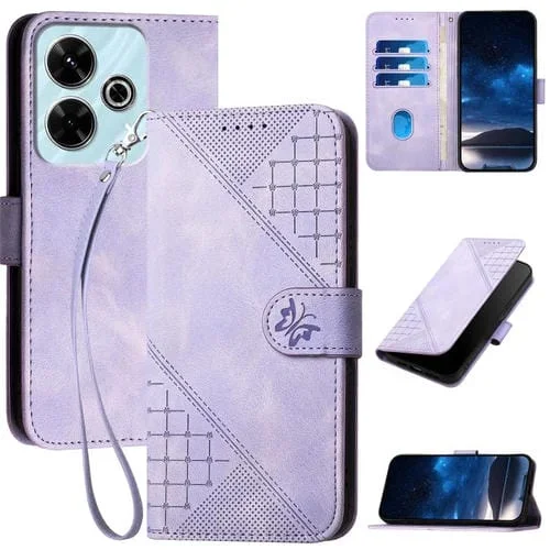 Funda de Cuero con Tapa y Cordón para Redmi 13 Yx0080 con Diseño En Relieve de Mariposa y Cuadrícula (Morado Claro)