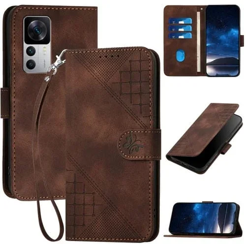 Funda de Cuero con Tapa y Cordón para Redmi K50 Ultra Yx0080 con Diseño En Relieve de Mariposas y Cuadrícula (Café)