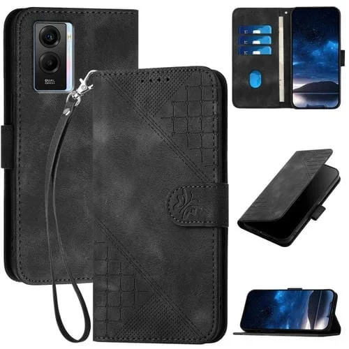 Funda de Cuero con Tapa y Cordón para Vivo T1 5G Global Yx0080 con Diseño En Relieve de Mariposa y Cuadrícula (Negro)