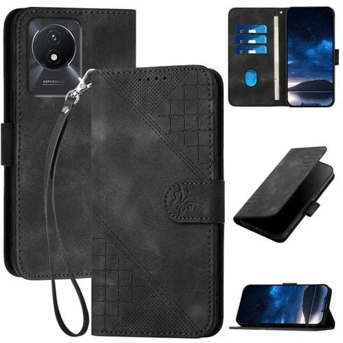Funda de Cuero con Tapa y Cordón para Vivo Y02A 4G / Y02 4G Yx0080 con Diseño En Relieve de Mariposa y Cuadrícula (Negro)