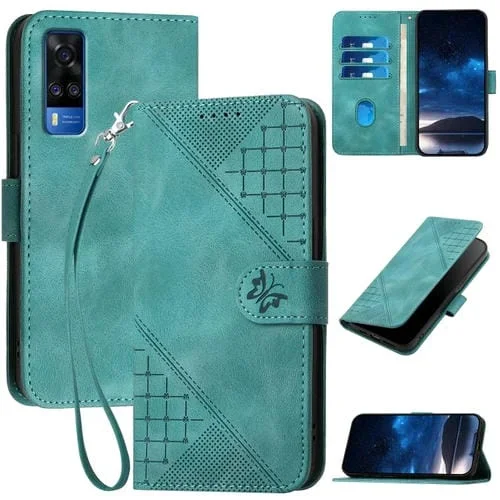 Funda de Cuero con Tapa y Cordón para Vivo Y31 4G India Yx0080 con Diseño En Relieve de Mariposa y Cuadrícula (Azul Claro)