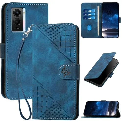 Funda de Cuero con Tapa y Cordón para Vivo Y55 5G Global Yx0080 con Diseño En Relieve de Mariposa y Cuadrícula (Azul Oscuro)