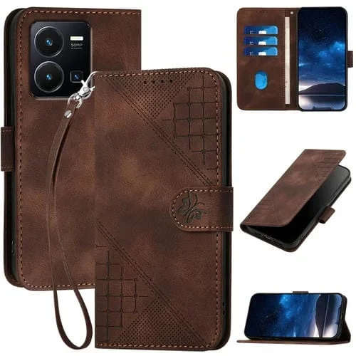 Funda de Cuero con Tapa y Cordón para Vivo Y77 5G Global Yx0080 con Diseño En Relieve de Mariposa y Cuadrícula (Café)