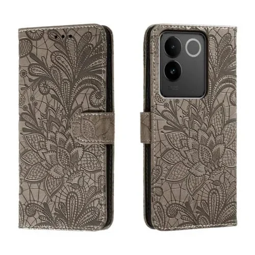 Funda de Cuero con Tapa y Diseño de Flores En Relieve para Vivo S17E (Gris)