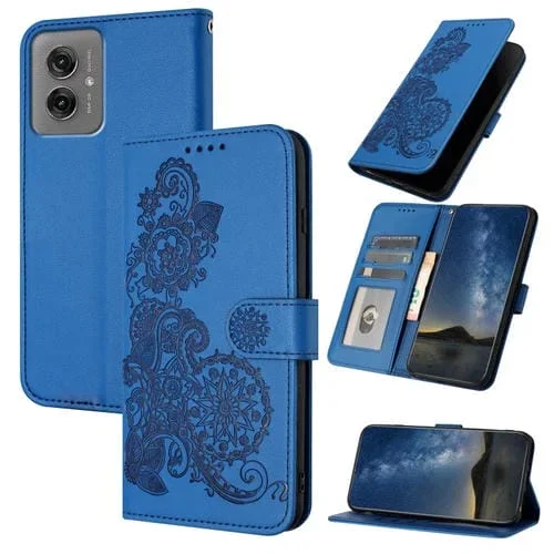 Funda de Cuero con Tapa y Diseño Flor de Datura en Relieve para Motorola Moto G55 (Azul)